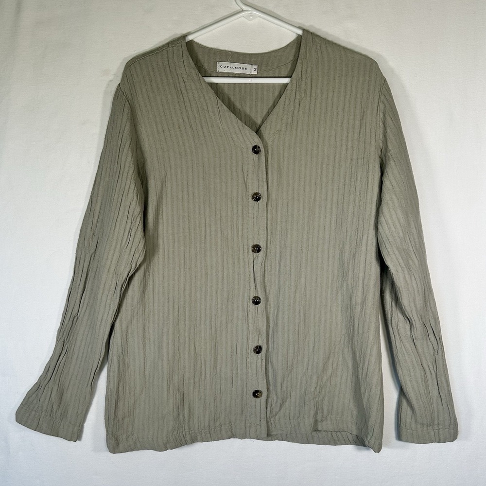 Cut Loose Sage Green Textured Cardigan Top Women M V-Neck Button Front Lagenlook